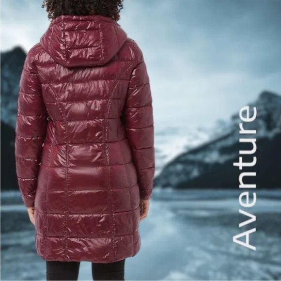 Aventure | 3/4 Length Hooded Puffer Jacket | Maroon | Size Medium - Picture 5 of 9
